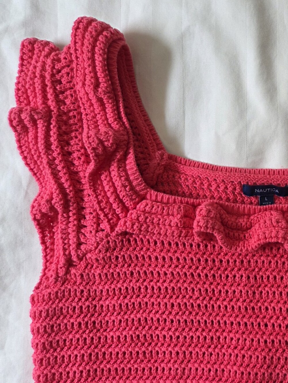 Nautica Crochet Ruffle Tank Top in Bright Pink Sz Large Coastal Feminine Knit